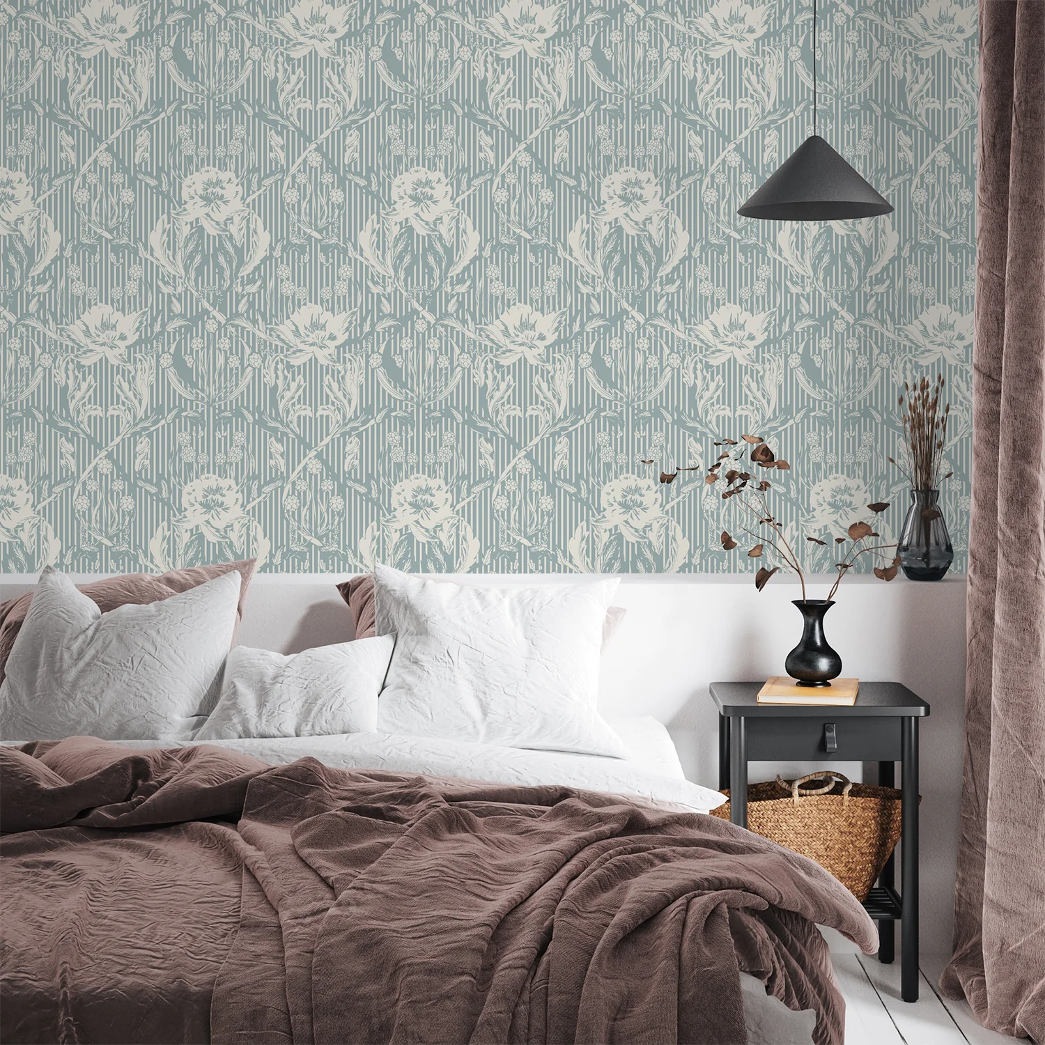 Floral Heritage Morris monochrome stripes chalky blue pattern - Image 5