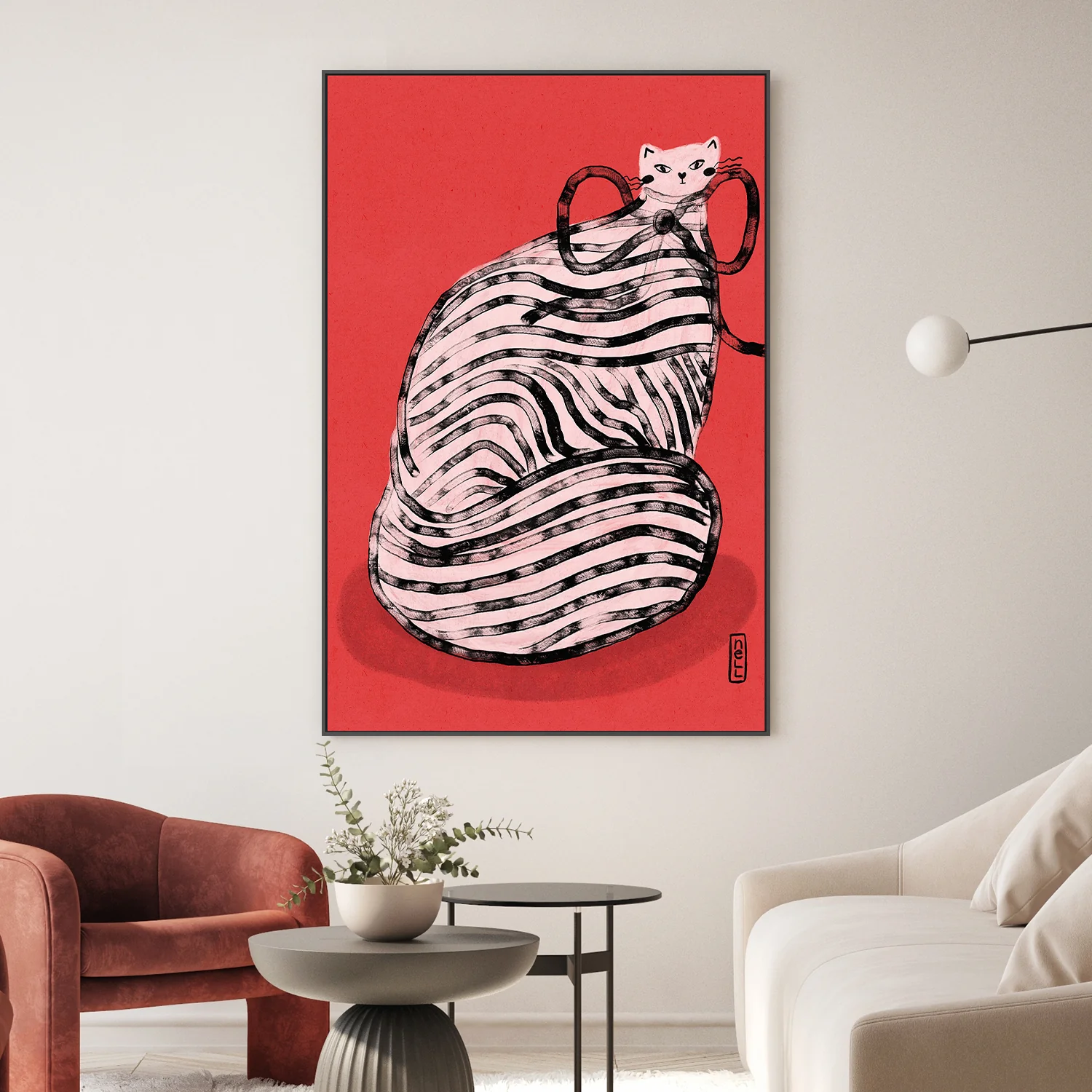 Black and White Stripe Cat Illustration Poster - Image 2