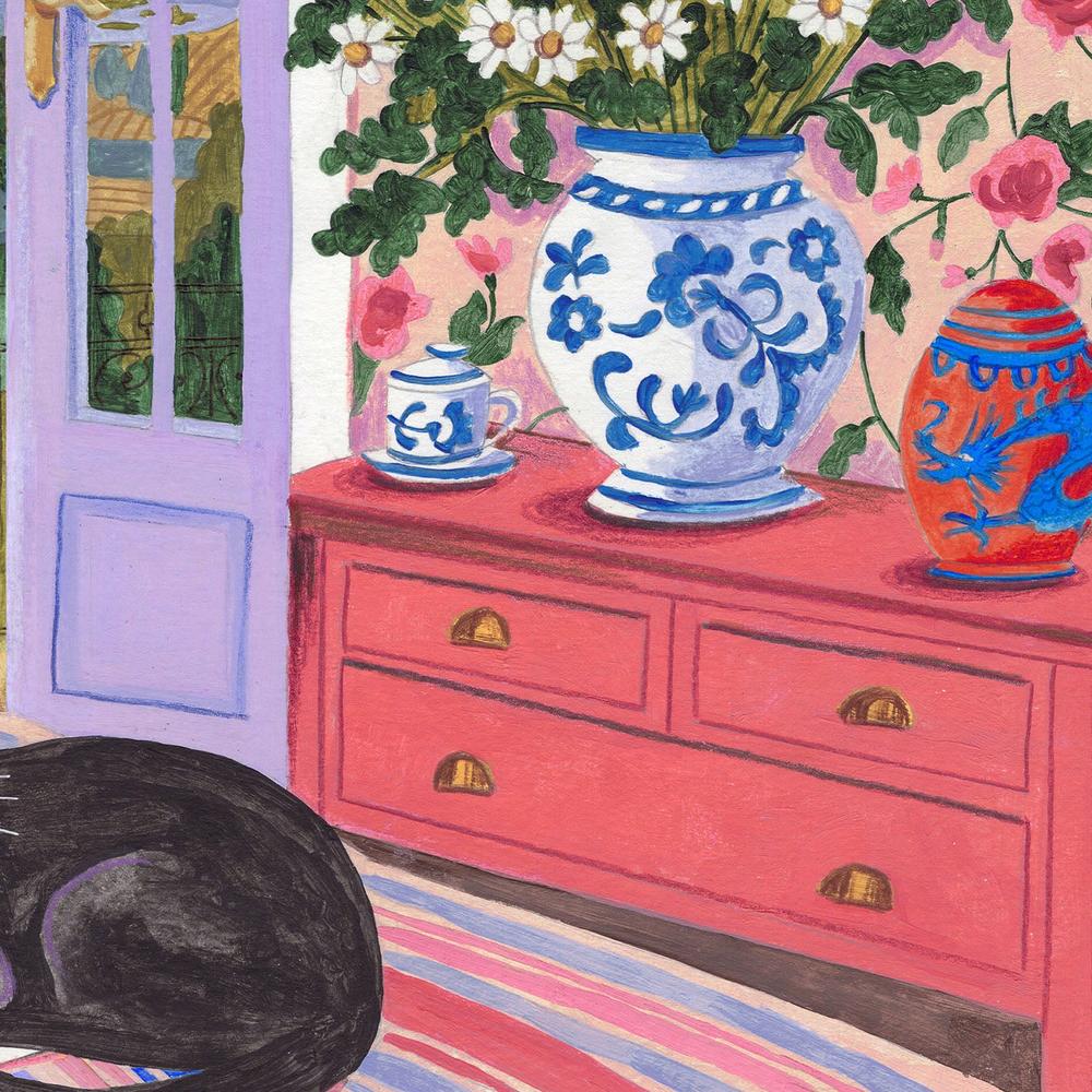 Black Cat on Bed French Doors Garden View - Image 11