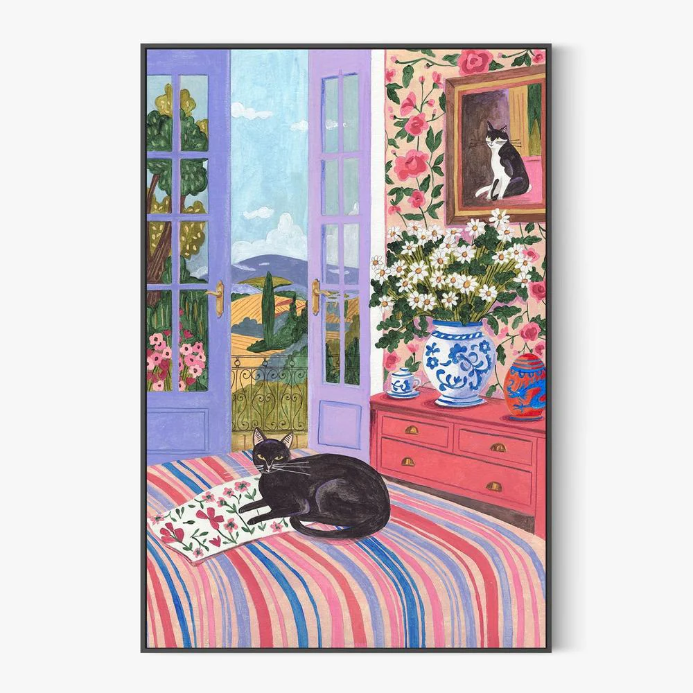 Black Cat on Bed French Doors Garden View - Image 3