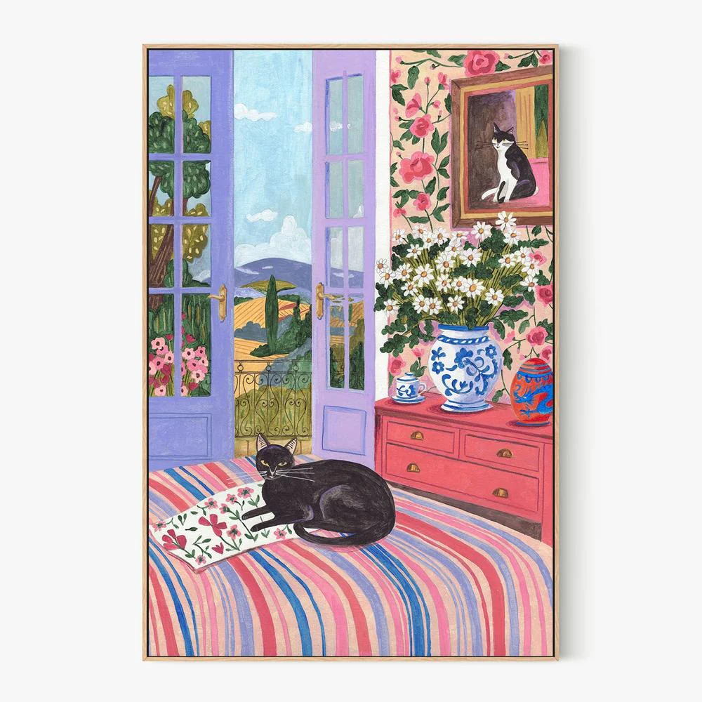 Black Cat on Bed French Doors Garden View - Image 4