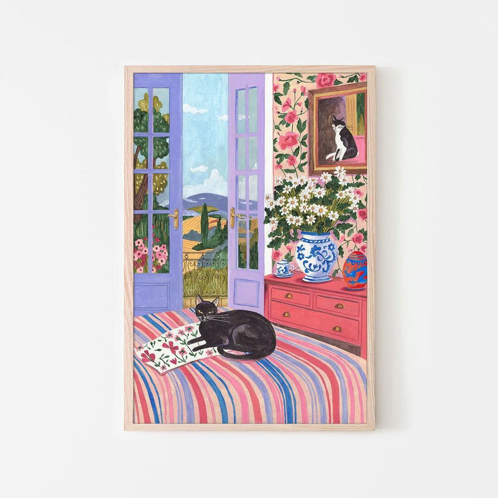 Black Cat on Bed French Doors Garden View - Image 6