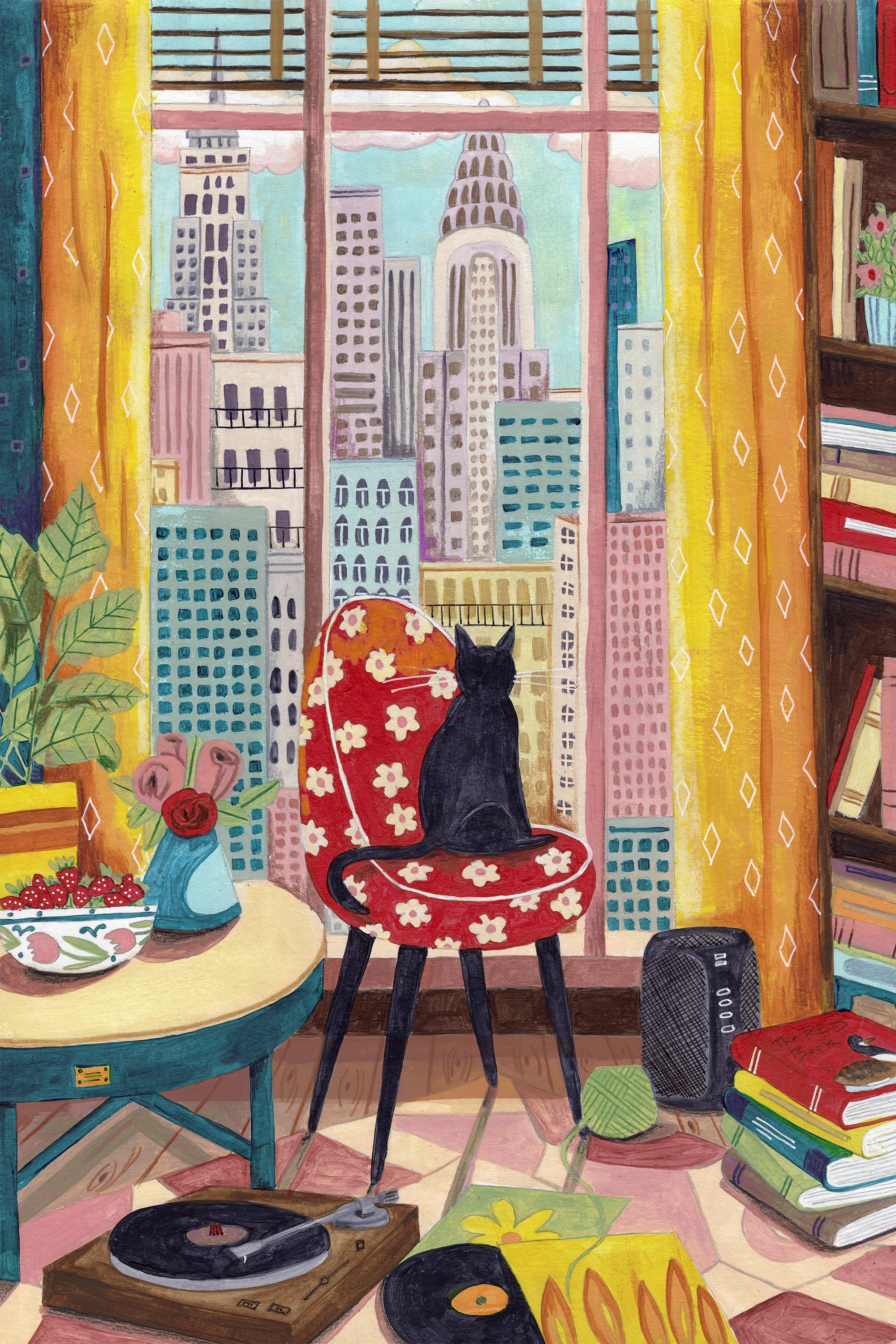 Cat in front of window in New York bright colours