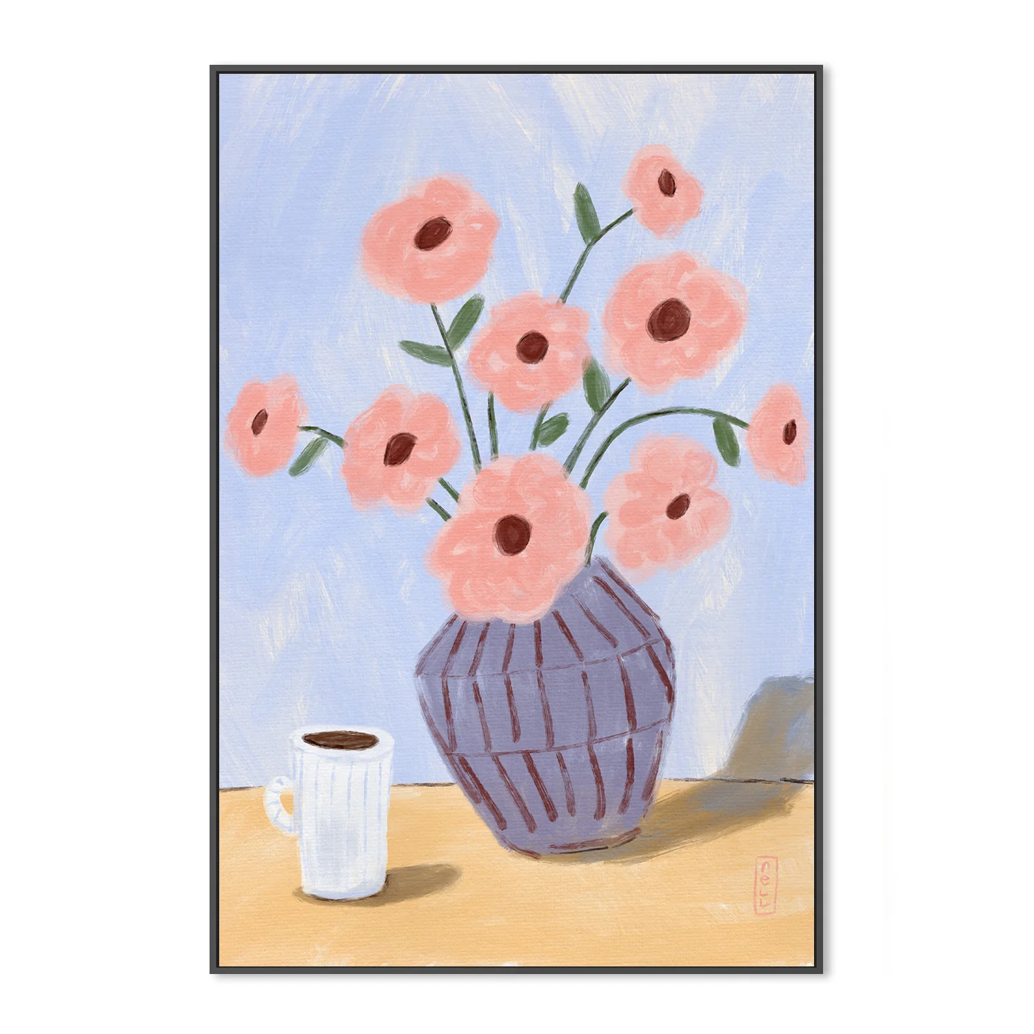 Coffee and Flowers Simple Still Life Painting - Image 3