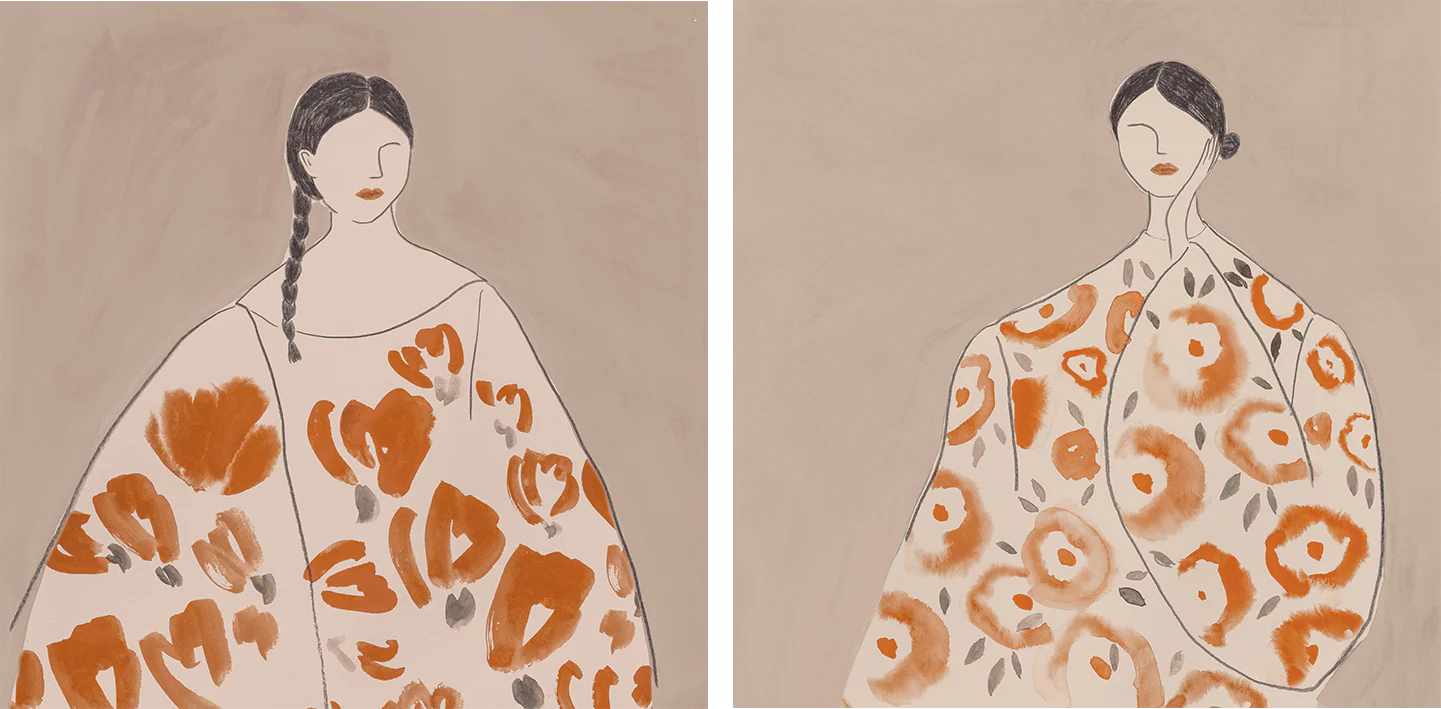 Floral Woman, Mocha Tone, Style A & B, Set Of 2