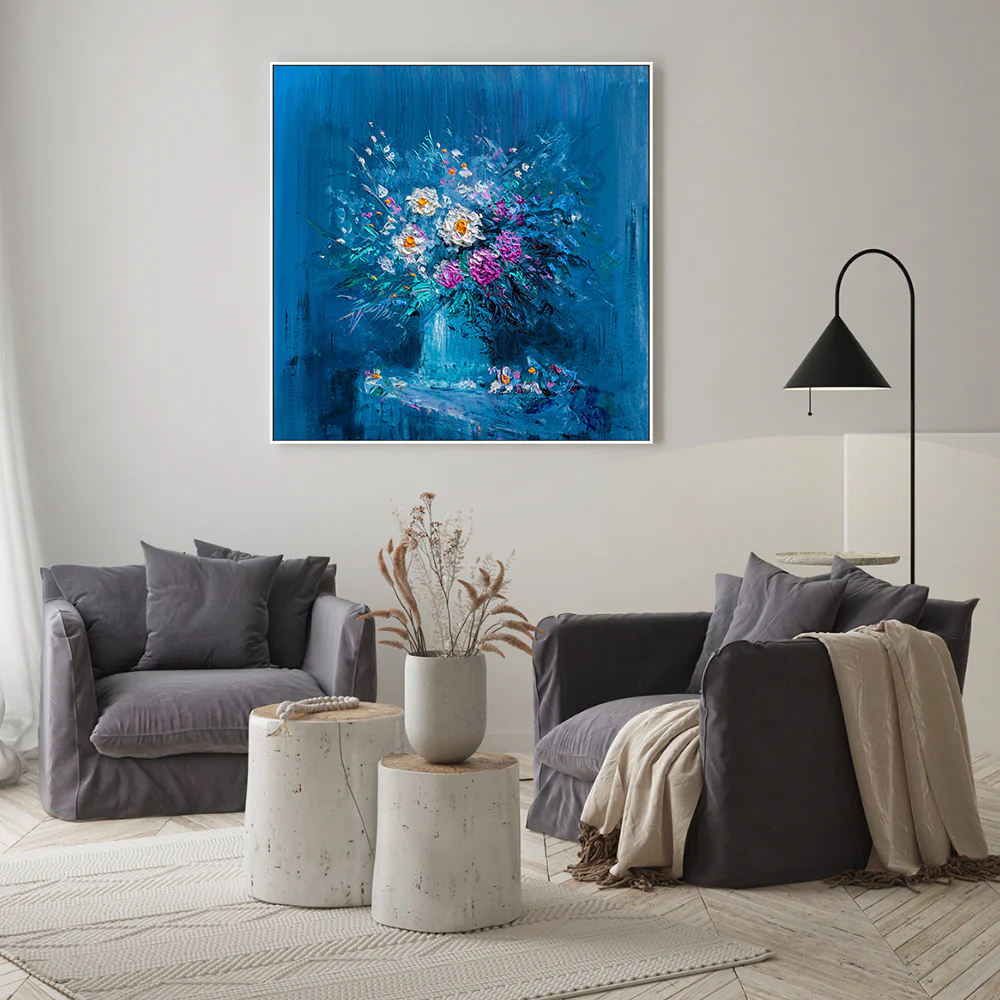 Flowers In Blue , Hand-Painted Canvas - Image 2