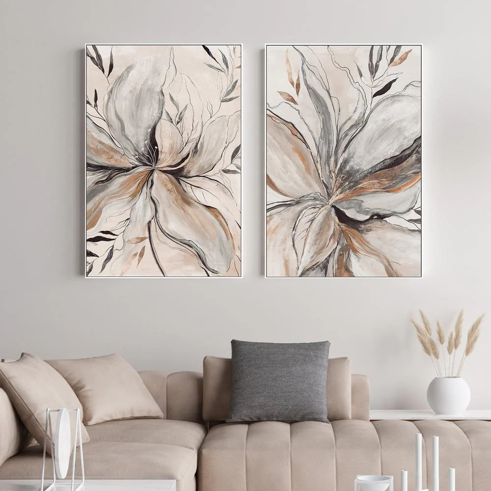 Gold Brown Charcole Flower, Style A & B, Set Of 2 - Image 2
