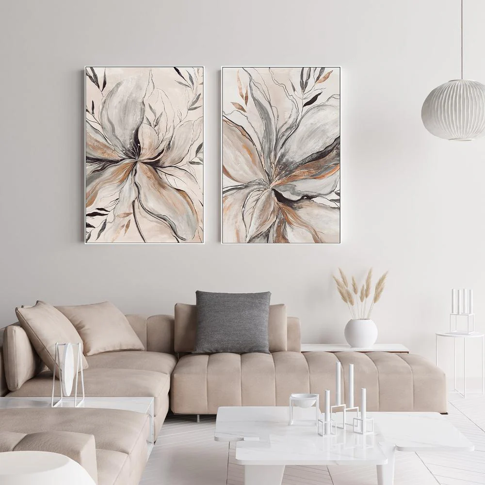 Gold Brown Charcole Flower, Style A & B, Set Of 2 - Image 7