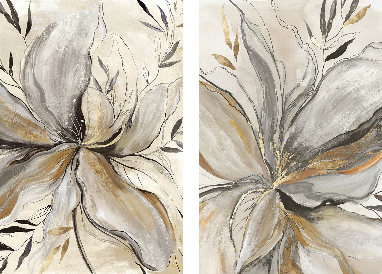 Gold Charcole Flower, Style A & B, Set Of 2