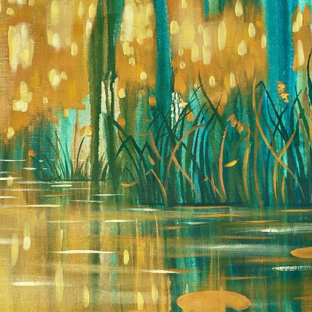 Golden-Emerald Forest Pond, Original Hand-painted Canvas by Ekaterina Prisich - Image 4