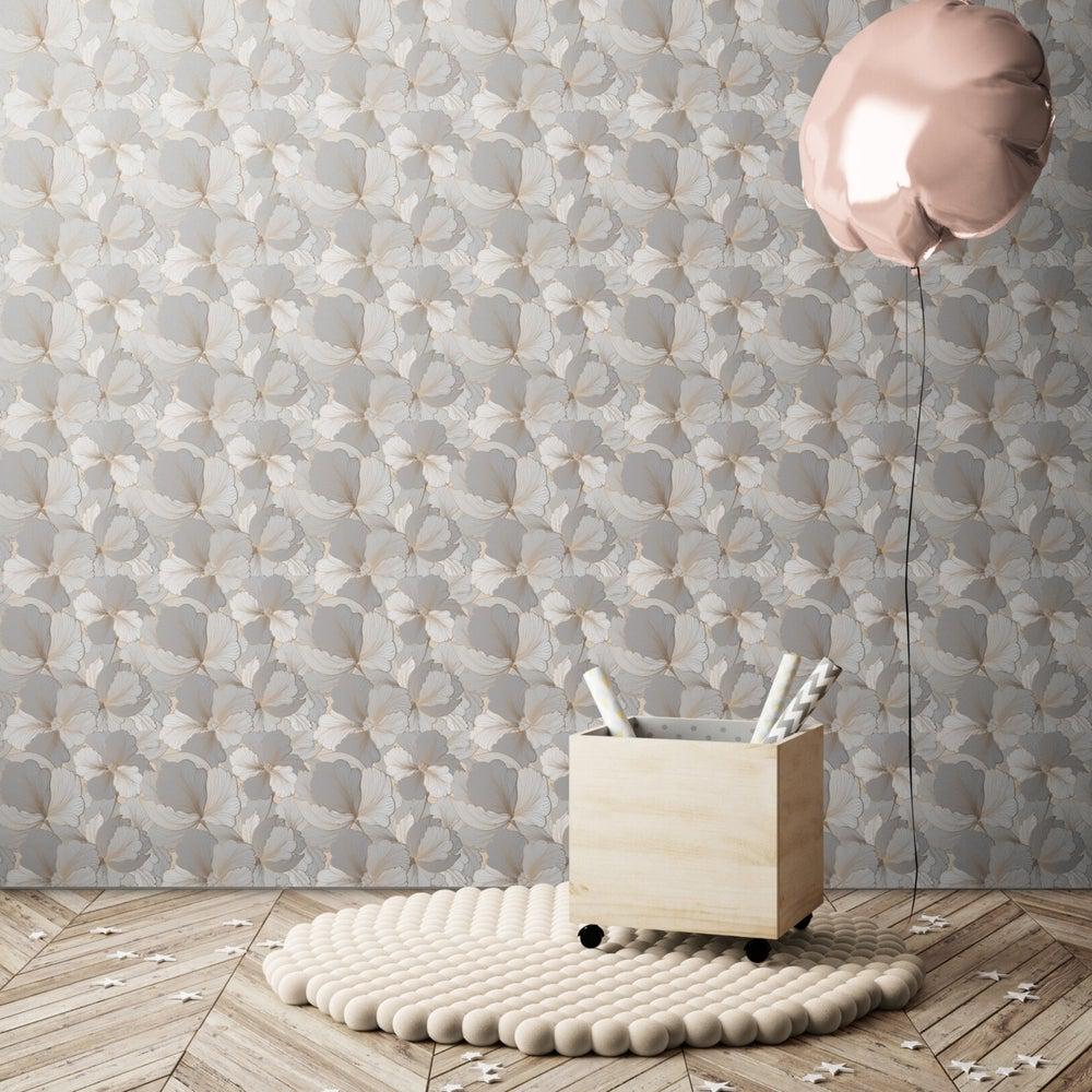 Grey And Beige Abstract Floral  Wallpaper - Image 2
