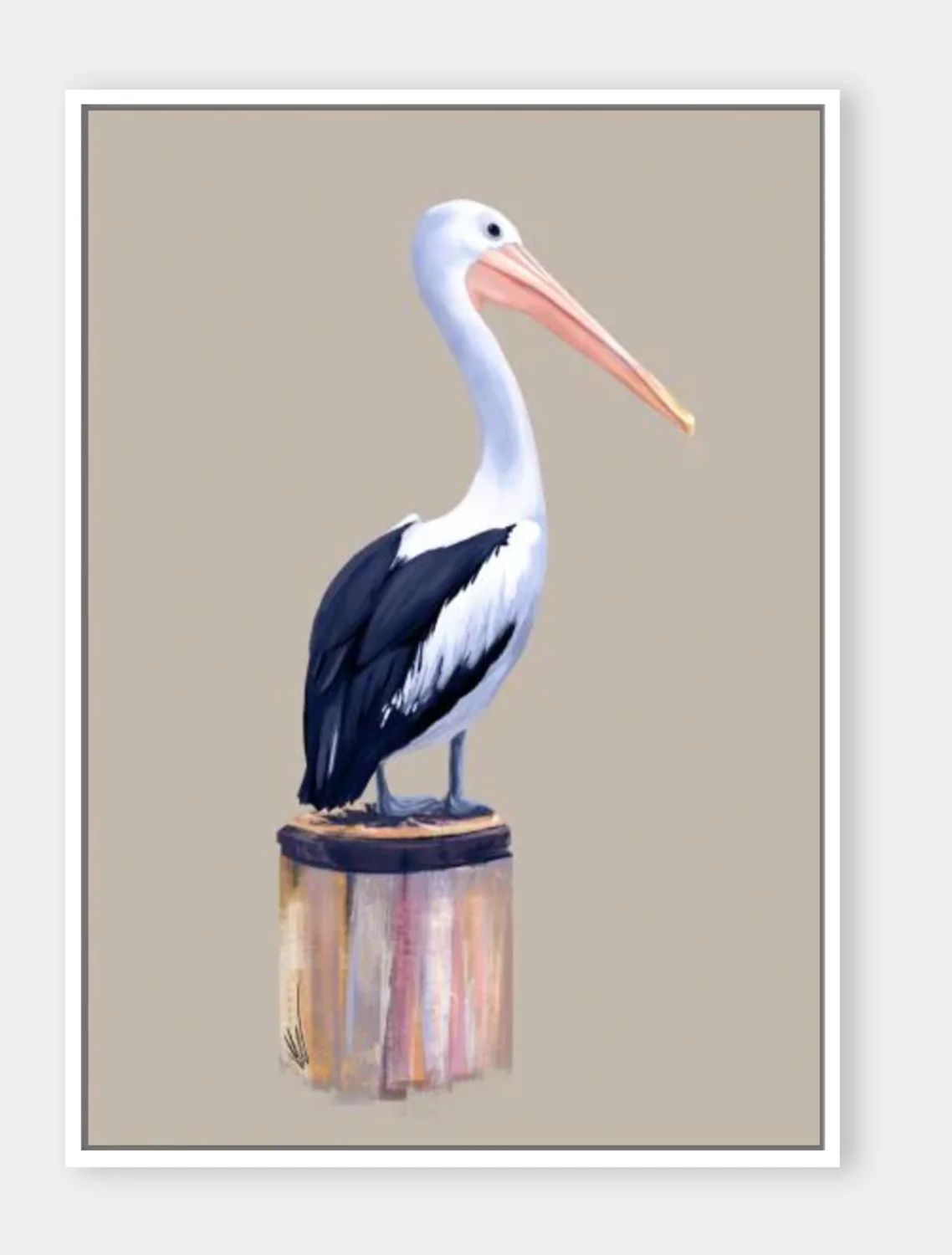 NAVY AND PINK PELICAN ON BEIGE BACKGROUND , BY REEVE KING ART WHITE FRAMED CANVAS 120x180cm
