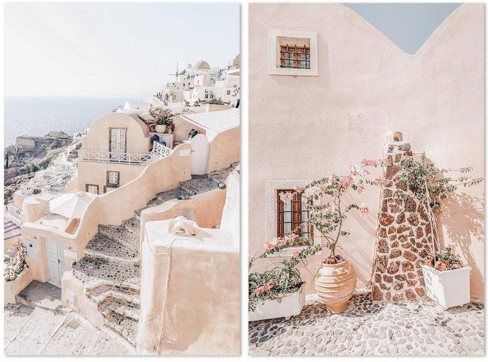 Oia Santorini Views And Old Stone Wall, Set Of 2