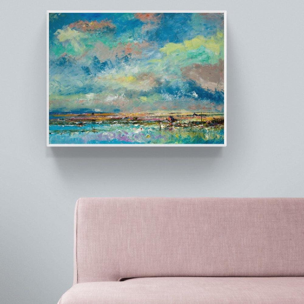 Over The Blue And Green Lake, Hand-Painted Canvas - Image 4