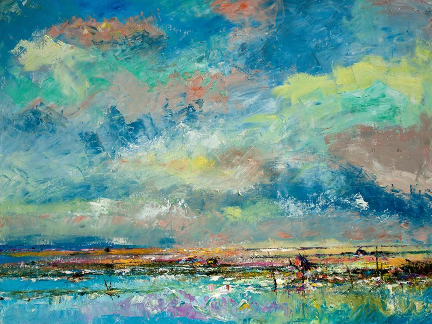 OVER THE BLUE AND GREEN LAKE, HAND-PAINTED STRETCHED CANVAS 60x90cm
