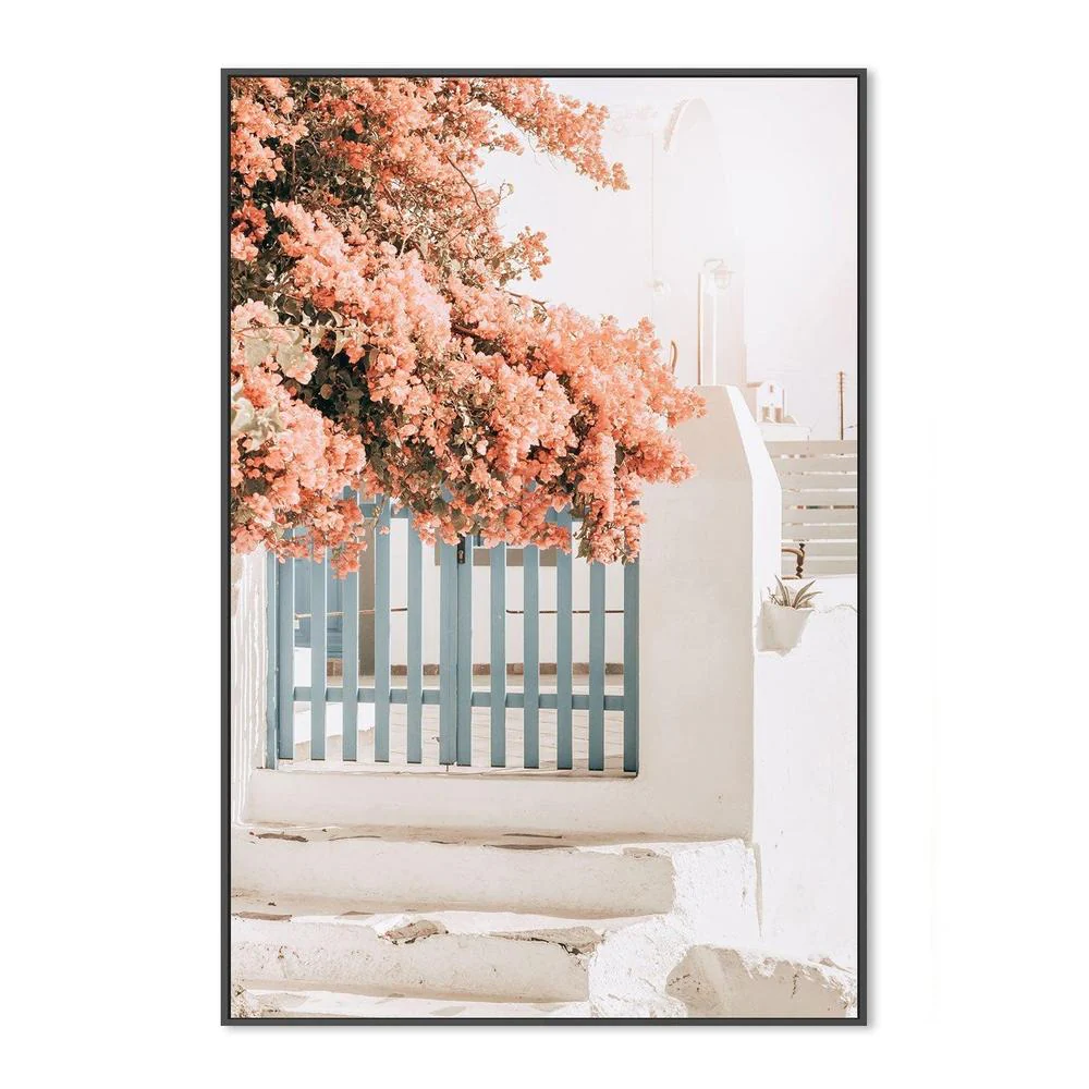 Pink Bougainvillea Flower and Blue Fence in Santorini - Image 3