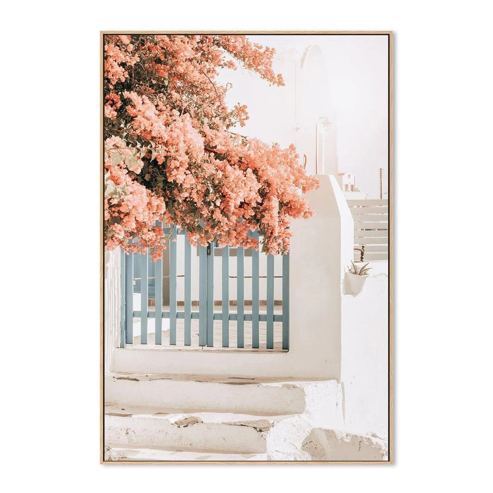 Pink Bougainvillea Flower and Blue Fence in Santorini - Image 4