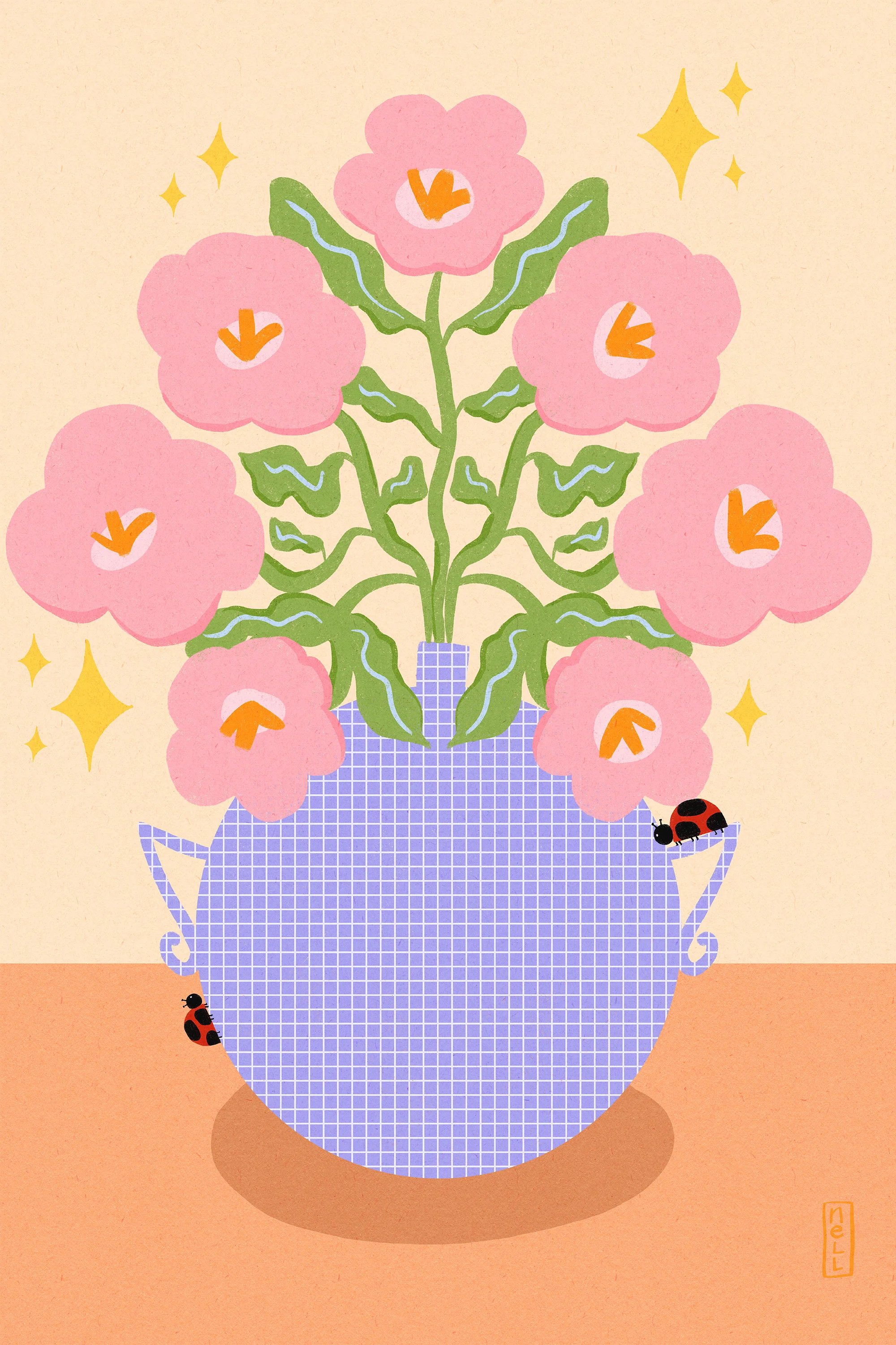 Pink Retro Flowers in a Vase Illustration