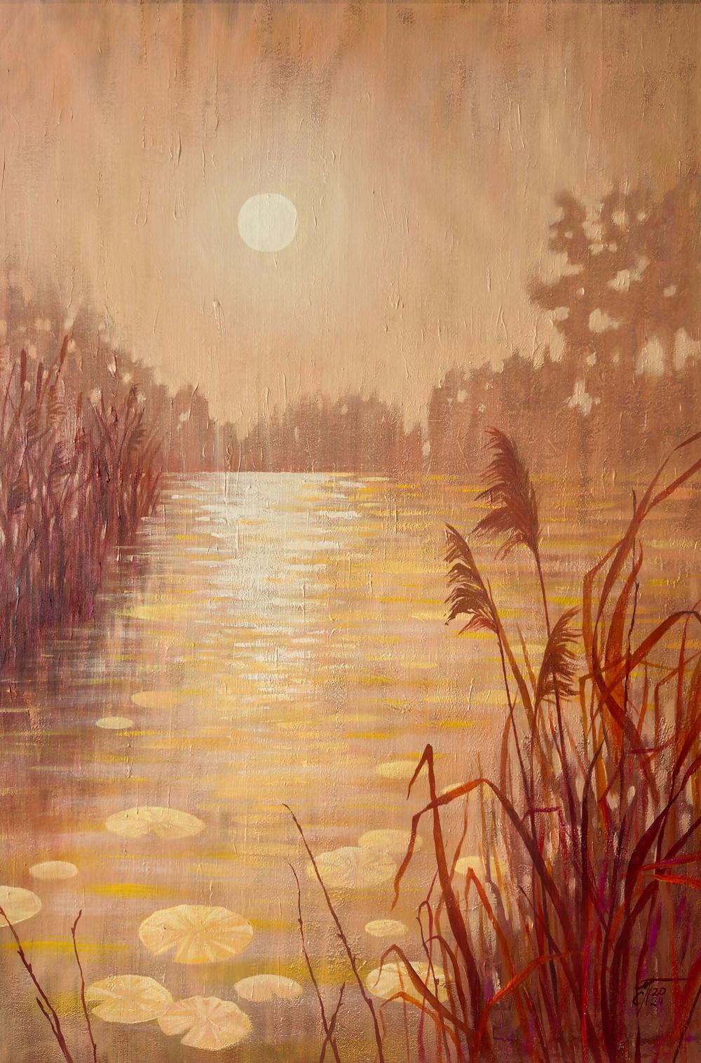 Sunset Pond With Reeds, Original Hand-painted Canvas by Ekaterina Prisich - Image 3