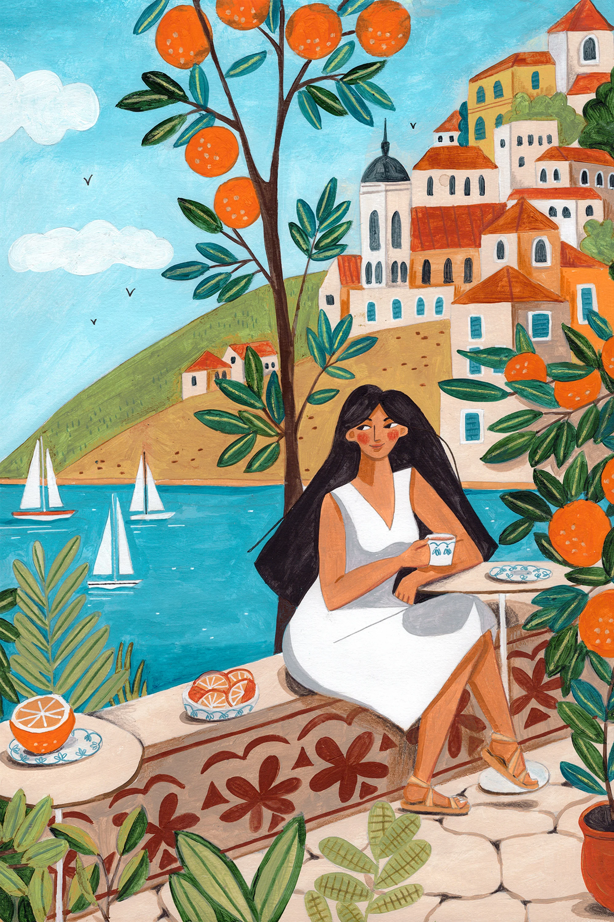 Travel poster woman in Mediterranean coast