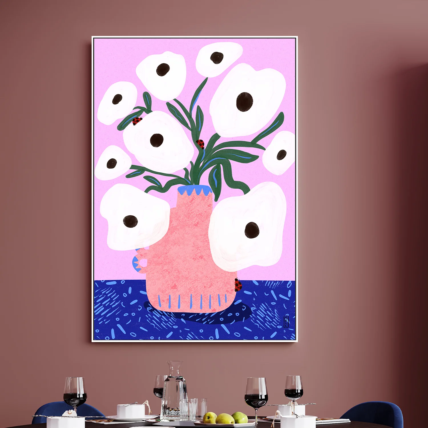 White Poppies and Ladybirds Floral Illustration - Image 2