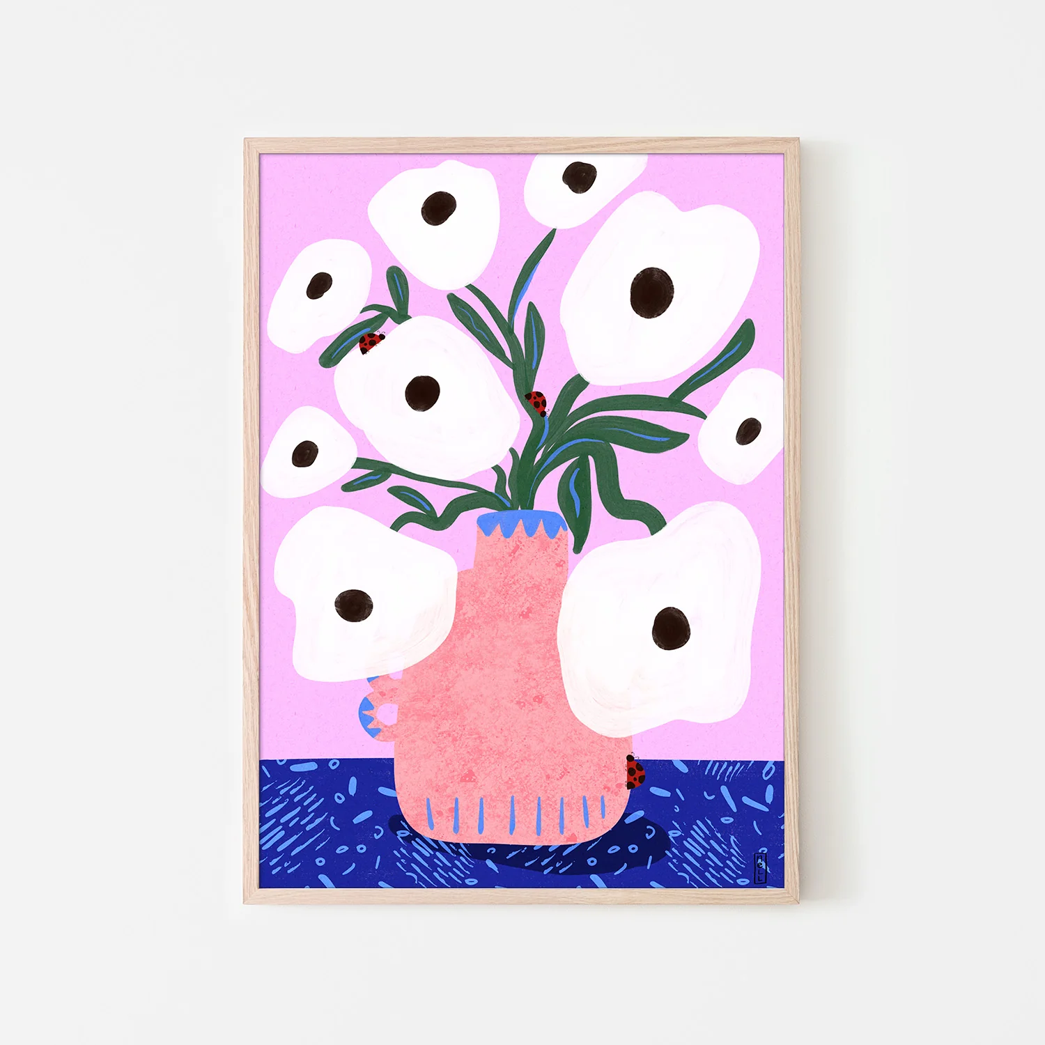 White Poppies and Ladybirds Floral Illustration - Image 6