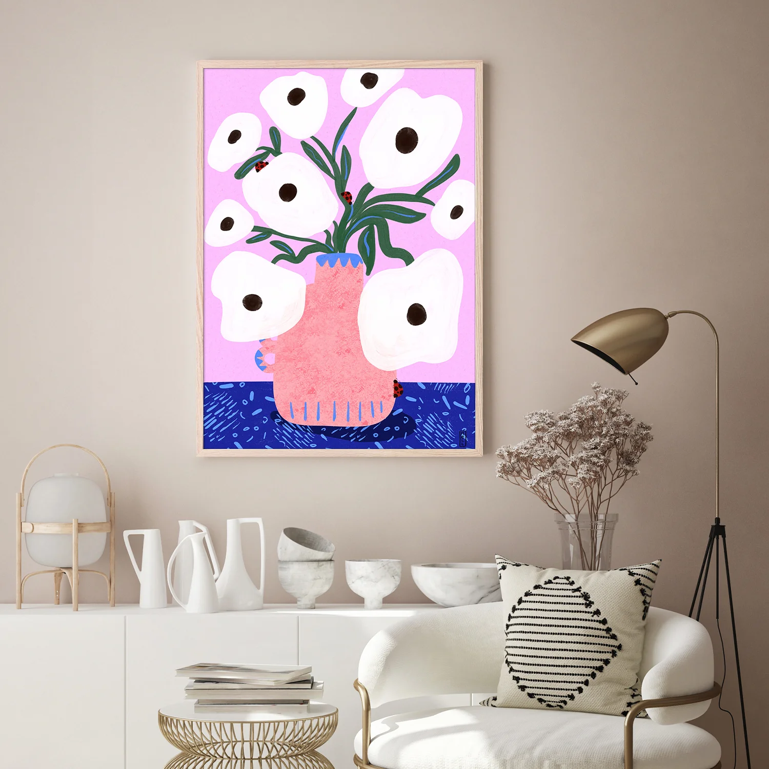 White Poppies and Ladybirds Floral Illustration - Image 8