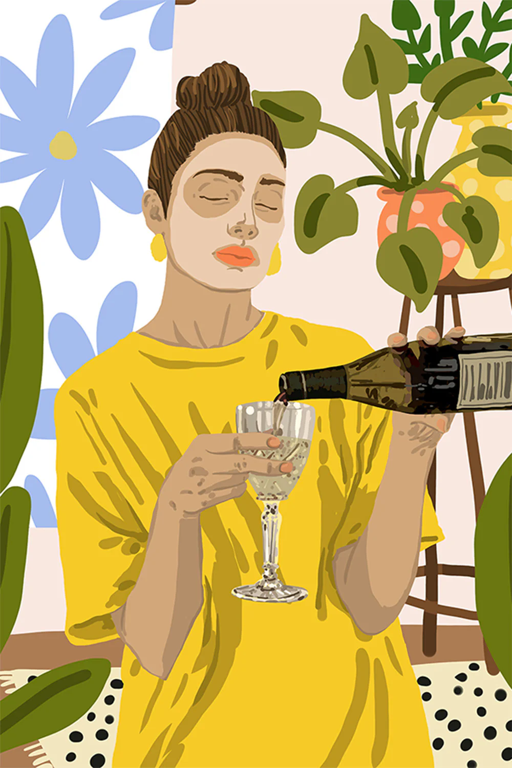 Woman In A Yellow Shirt Pouring Wine