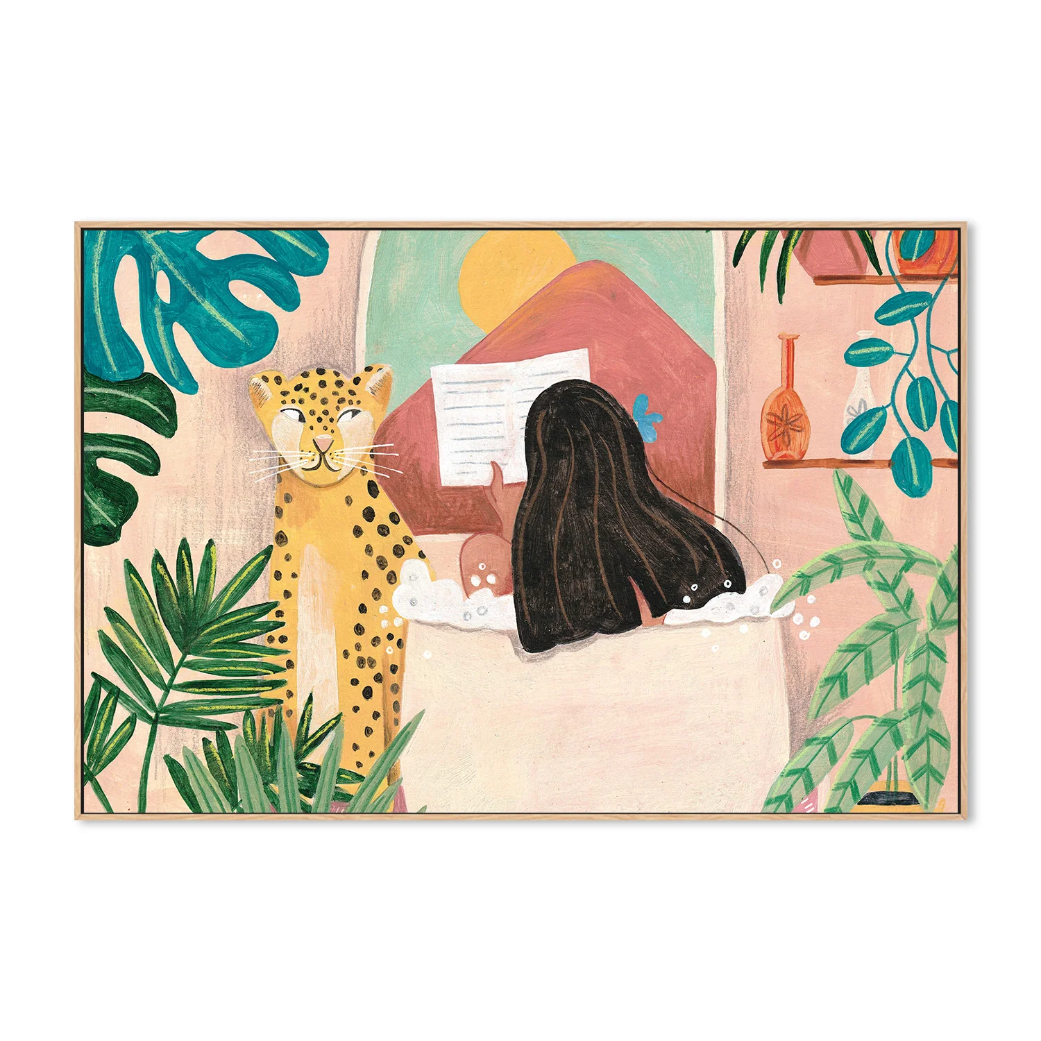 Woman taking bath in pink tropical bathroom - Image 4