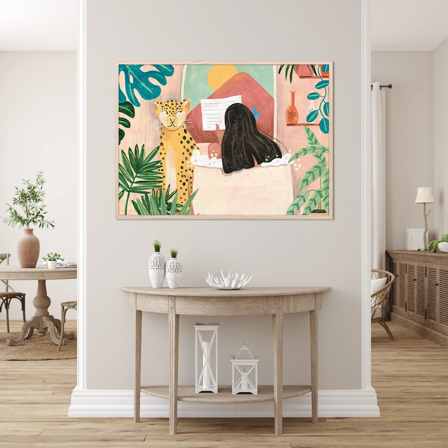 Woman taking bath in pink tropical bathroom - Image 9