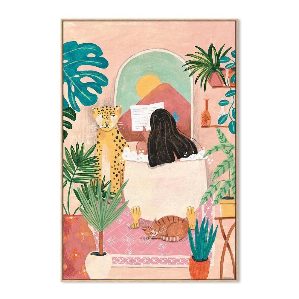 Woman taking bath in pink tropical bathroom - Image 4