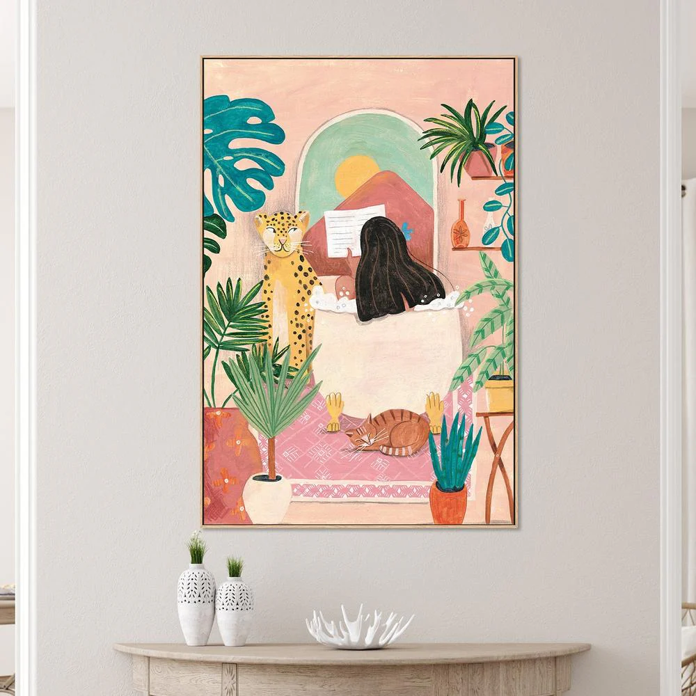 Woman taking bath in pink tropical bathroom - Image 7