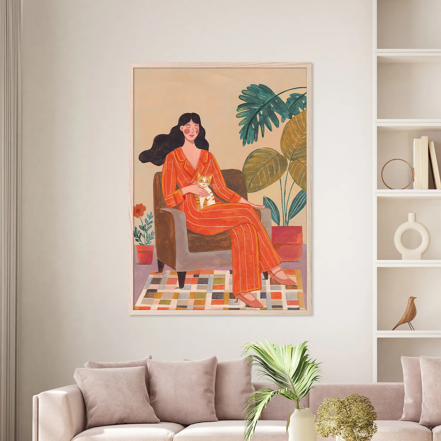 Woman with cat in living room with warm earth tones - Image 2