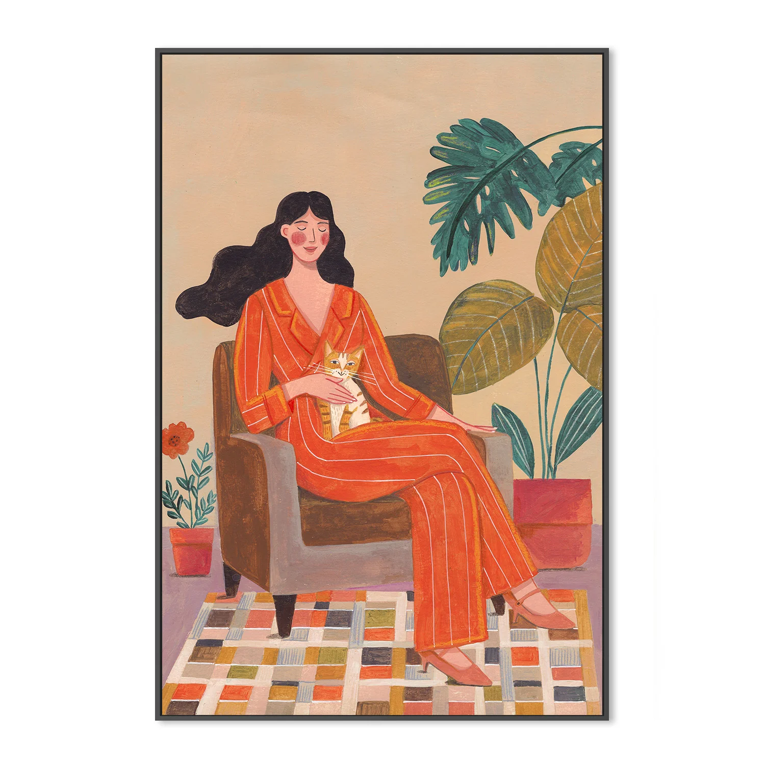 Woman with cat in living room with warm earth tones - Image 3