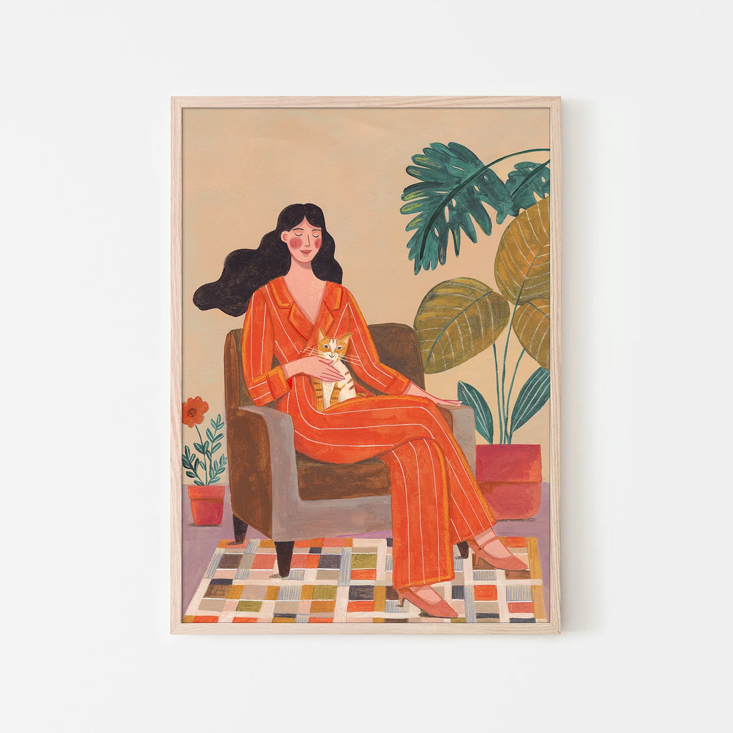 Woman with cat in living room with warm earth tones - Image 6