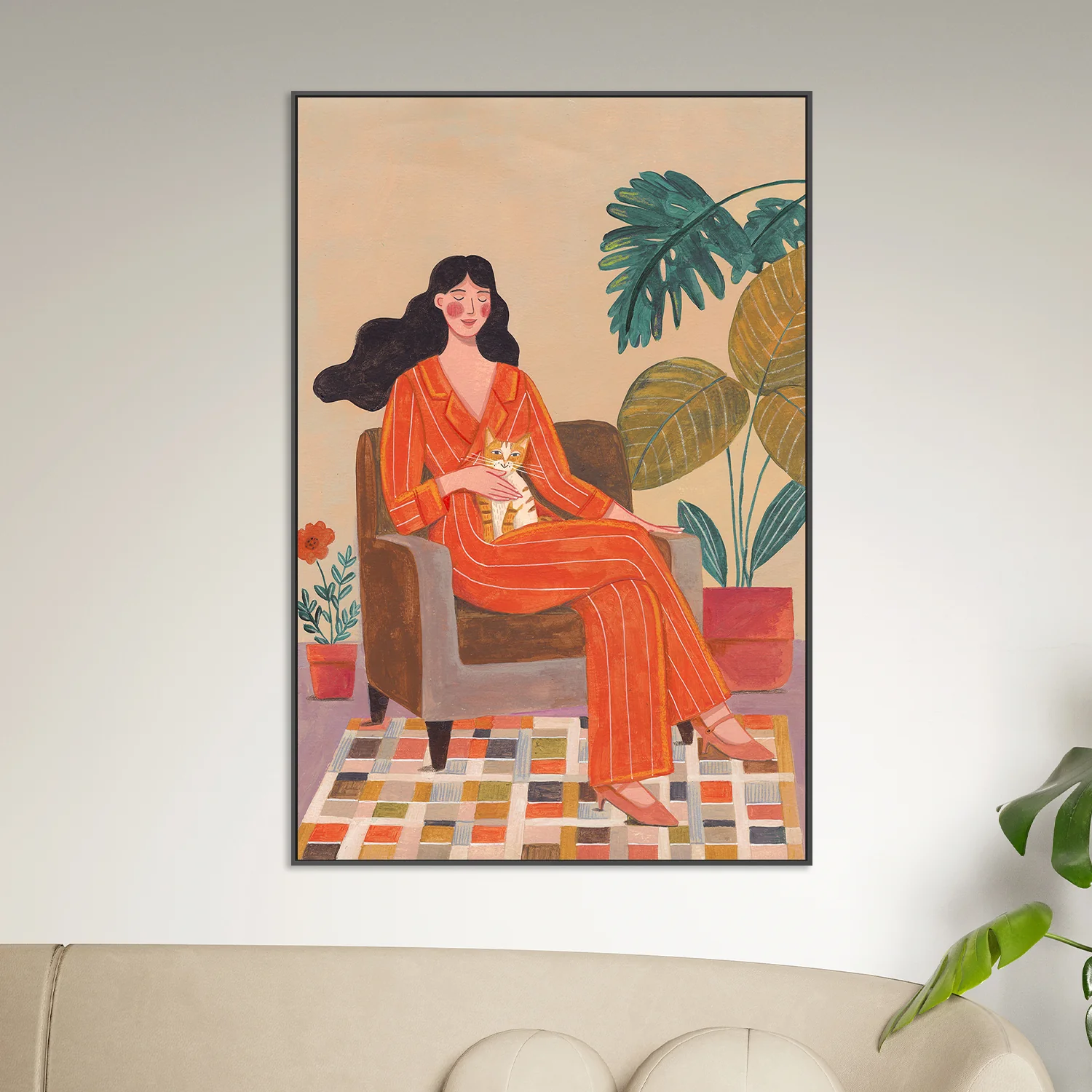 Woman with cat in living room with warm earth tones - Image 7
