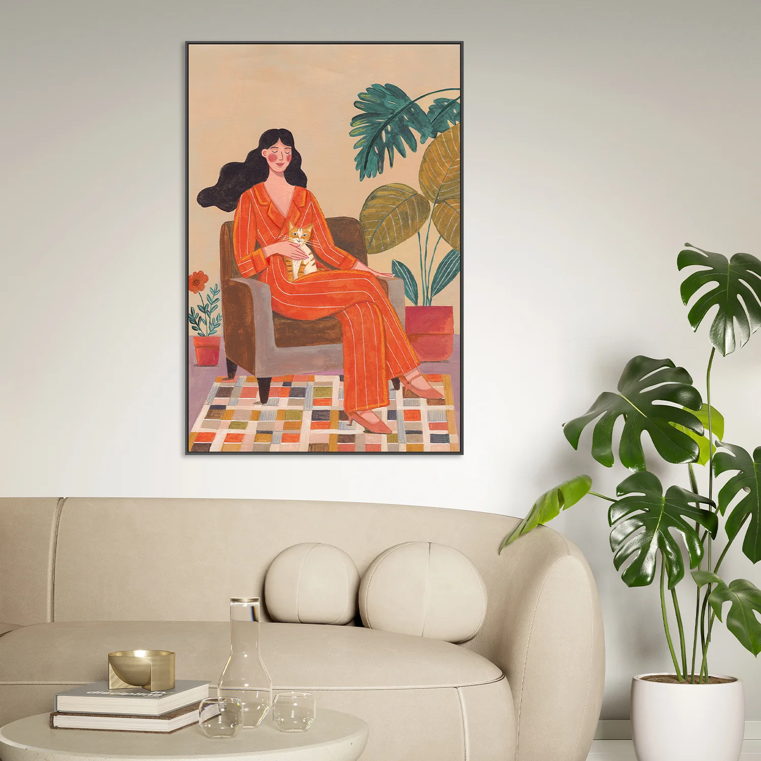 Woman with cat in living room with warm earth tones - Image 8