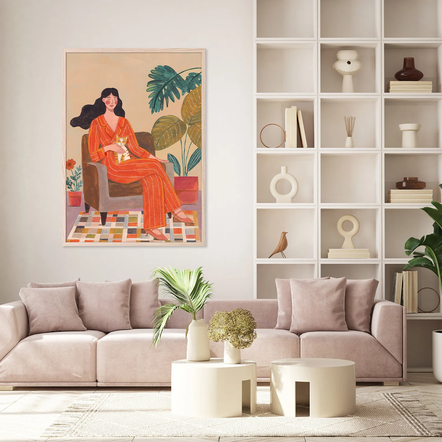 Woman with cat in living room with warm earth tones - Image 9